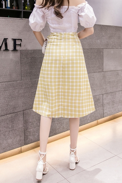Stylish Elastic Waist Check Printed Bow Tie Midi A-Line Skirt