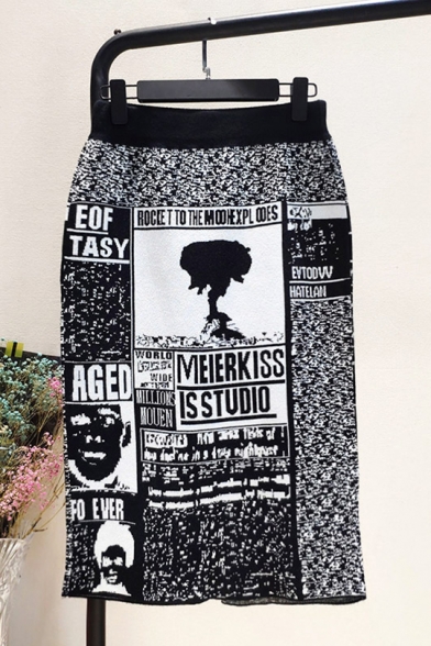 Stylish High Waist Slit Back Letter Printed Stretch Slim Fit Midi Knitted Pencil Skirt