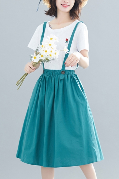 Stylish Summer Elastic Waist Plain Cotton Linen Midi Overall Skirt