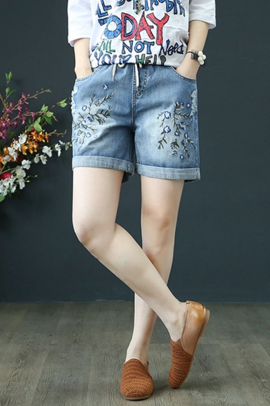 Summer Blue Chic Draw Cord Rolled Hem Floral Embroidered Leisure Shift Denim Shorts