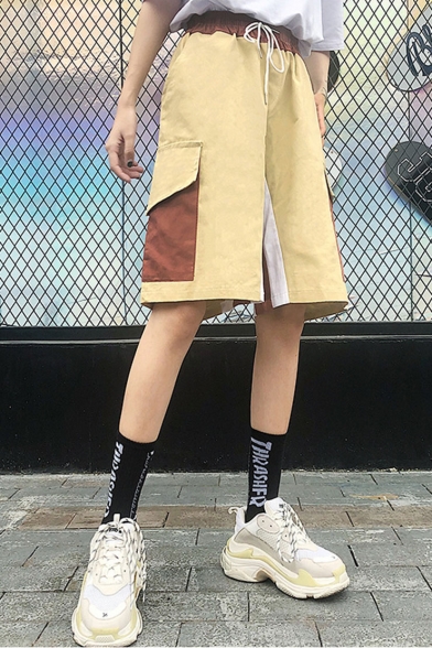 Summer Cool Hip Hop Style Drawstring Waist Pocket Side Colorblock Patch Letter Printed Cargo Shorts