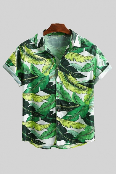 Summer Fashion Tropical Leaf Printed Men's Short Sleeve Holiday Beach Green Shirt