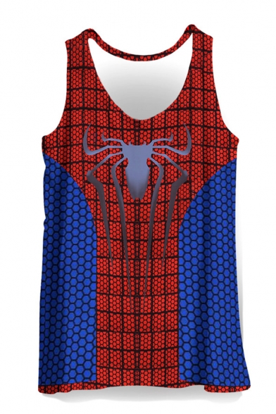 Summer Fashionable Sleeveless Round Neck Spider Colorblock Printed Loose Blue And Red Tank Top