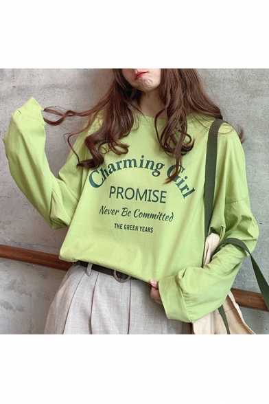 Summer Girls Trendy Letter CHARMING GIRL Print Round Neck Long Sleeve Loose Fit Green Tee