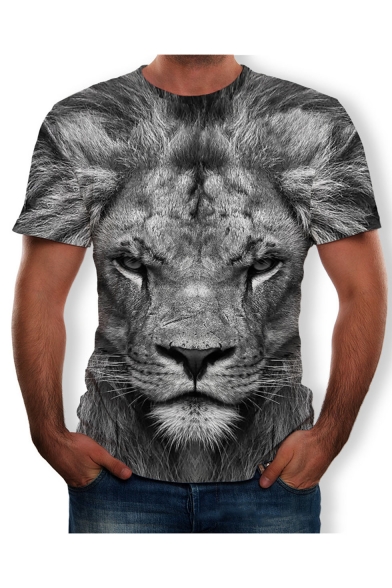 Summer Grey Short Sleeve Round Neck Lion Printed Cool Unique Tee