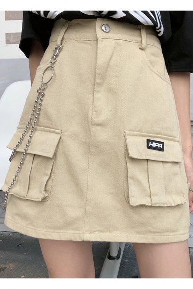 Summer Hot Cool High Waist Multi Pocket Chain Embellished Slim Fit Mini A-Line Cargo Skirt