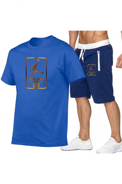 Summer Mens Cool Basketball Player Printed Short Sleeve Tee with Sport Shorts Two-Piece Set
