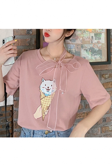 Summer New Arrival Short Sleeve Round Neck Ice Cream Cat Printed Bow Shoulder Cute Womens T-Shirt