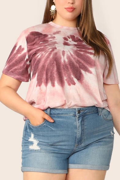Summer New Trendy Short Sleeve Round Neck Tie Dye Print Loose Plus Size Pink T-Shirt