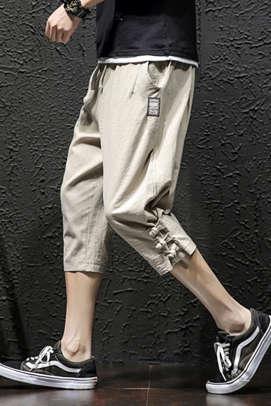 Summer New Trendy Simple Plain Drawstring Waist Buckle-Cuff Cropped Casual Tapered Pants