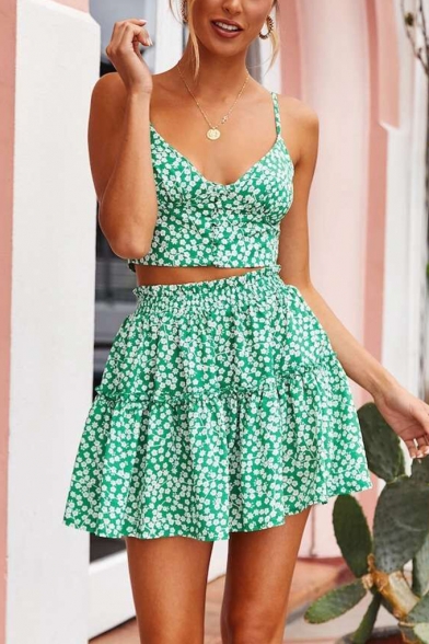 Summer Stylish Straps Sleeveless Cropped Top with High Waist Flared Hem Mini A-Line Skirt Floral Printed Two Piece Set