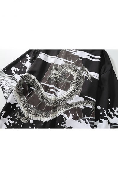 Summer Vintage Dragon Pattern Sun Protection Three-Quarter Sleeves Black Kimono Blouse Cardigan