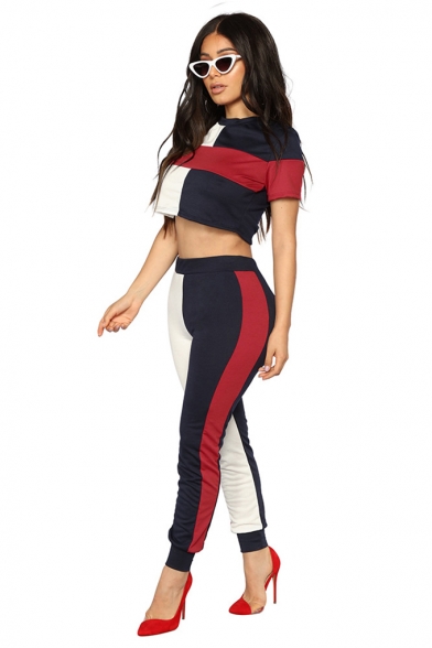 Summer Womens Hot Popular Colorblock Short Sleeve Crop Tee with Slim Sweatpants Two-Piece Co-ords