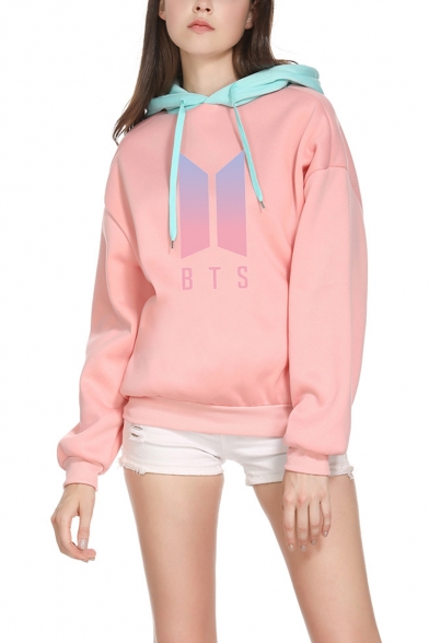 Trendy Kpop Logo Printed Pink Contrast Hood Long Sleeve Casual Loose Hoodie