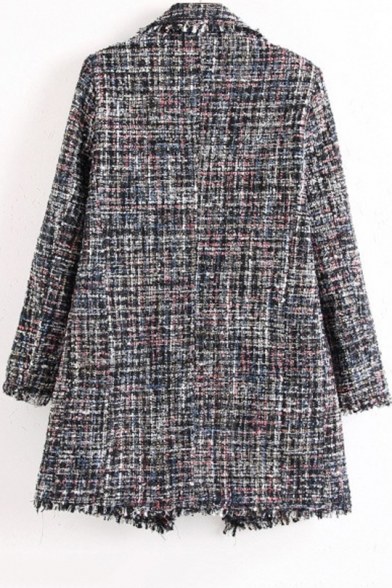 Tweed Double Breasted Notched Lapel Collar Fringed Embellished Long Coat