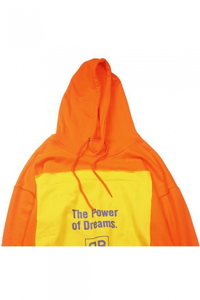 Unisex Designer Fashion Colorblock Patched Letter THE POWER OF DREAMS Printed Long Sleeve Orange Drawstring Hoodie