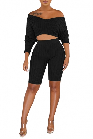 V Neck Long Sleeve Cropped T Shirt with High Waist Stretch Shorts Plain Striped Knitted Co-ords