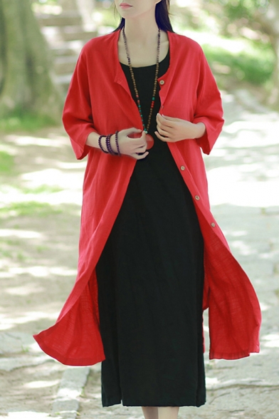 Women Popular Round Neck Half Sleeve Split-Side Loose Linen Longline Coat