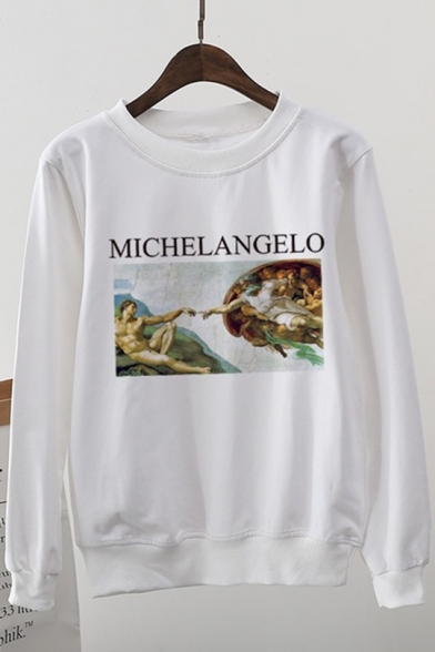 Women's MICHELANGELO Letter Statue Print Long Sleeve Round Neck White Sweatshirt