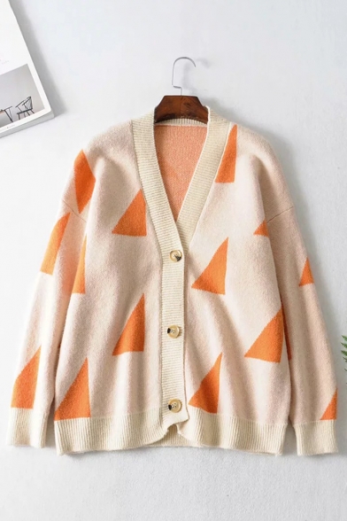 Womens Casual Geometric Print Boxy V Neck Long Sleeve Button Cardigan Coat