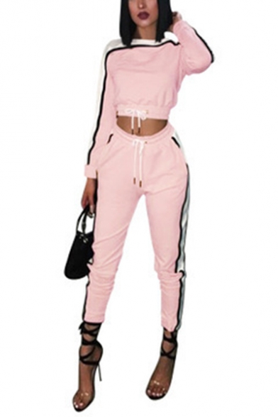 Womens Fancy Pink Contrast Stripe Side Crop Sweatshirt with Fitted Sweatpants Two-Piece Set
