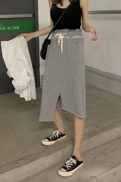 Womens Fashion Plain Drawstring Waist Pocket Front Asymmetric Hem Casual Loose Midi Skirt