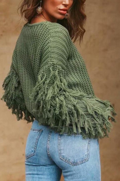 Womens Fashion Plain Round Neck Tassel Hem Drop Sleeve Ribbed Knit Sweater