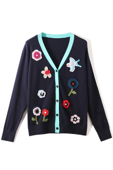 Womens Fresh Floral Print V-Neck Long Sleeve Fitted Cardigan