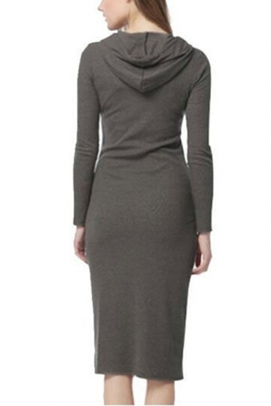 Womens Hot Fashion Hoodie Long Sleeve Pockets Dark Gray Sheath Sweatshirt Midi Dress