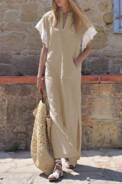 Womens Hot Trendy Lace-Trimmed Sleeve Split Side Plain Maxi Linen Dress