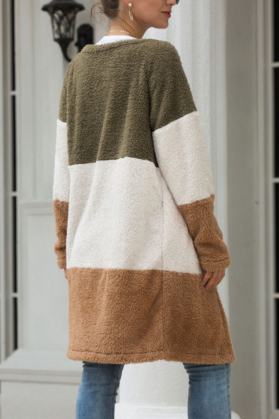 Womens Long Sleeve Open Front Longline Cardigan Color Block Plush Coat