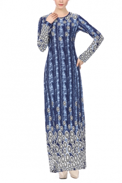 Womens New Stylish Round Neck Long Sleeve Floral Print Dyed Sheath Column Boho Maxi Dress