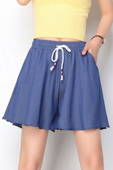 Womens Plain Drawstring Waist Casual Loose Mini Flared Tencel Denim Skirt
