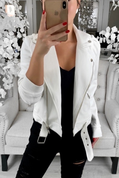 Womens Stylish Long Sleeve Notched Lapel Collar Belt Hem Zip Pocket Windproof Cropped Jacket