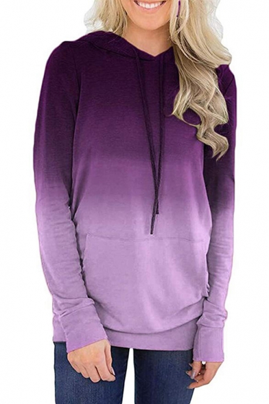 Womens Stylish Long Sleeve Pocket Front Gradient Pullover Straight Sweatshirt