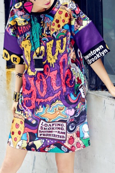 Womens Summer New Trend Hip-Hop Character Print Round Neck Short Sleeve Loose Midi Shift T-Shirt Dress