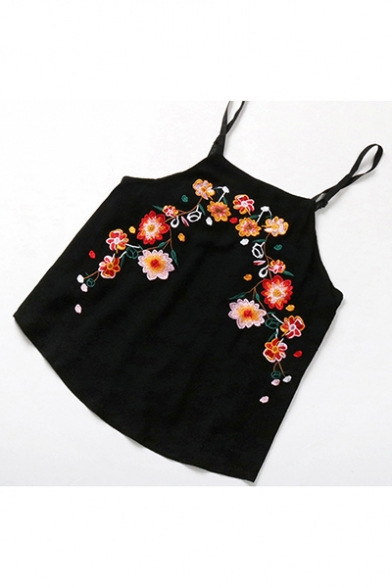 Womens Trendy Black Floral Printed Embroid Camisole and Loose Shorts Two-Piece Set