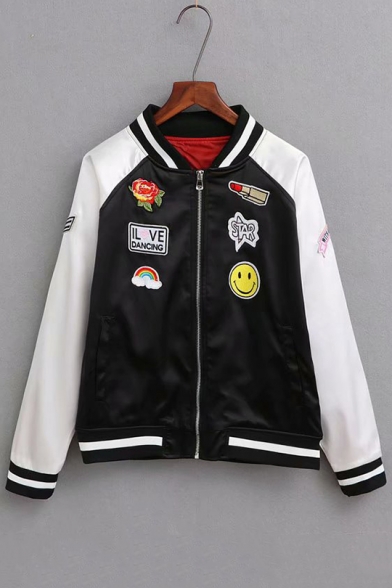 Womens Trendy Cartoon Rainbow Patched Stand Collar Long Sleeve Zip Up Baseball Jacket