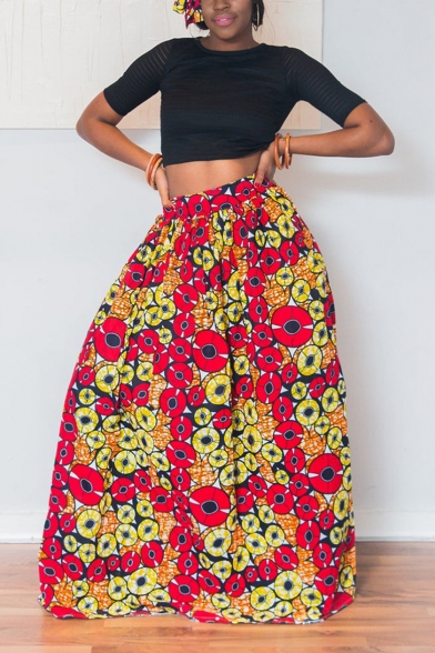 Womens Trendy Ethnic Style African Tribal Floral Print Maxi Swing Skirt