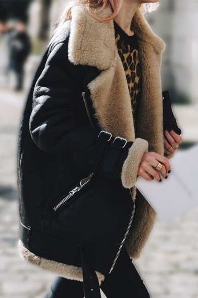 Womens Winter Hot Trendy Notched Lapel Collar Long Sleeve Motor Faux Shearling Jacket
