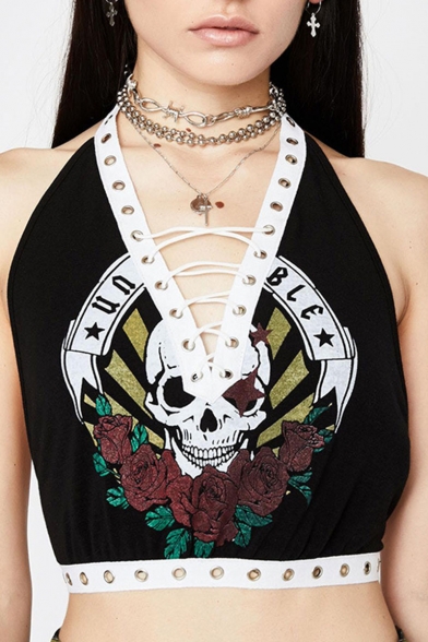 Black Lace Up Front Sleeveless Backless Tie Back Skull Printed Slim Fitted Cropped Tank Tee