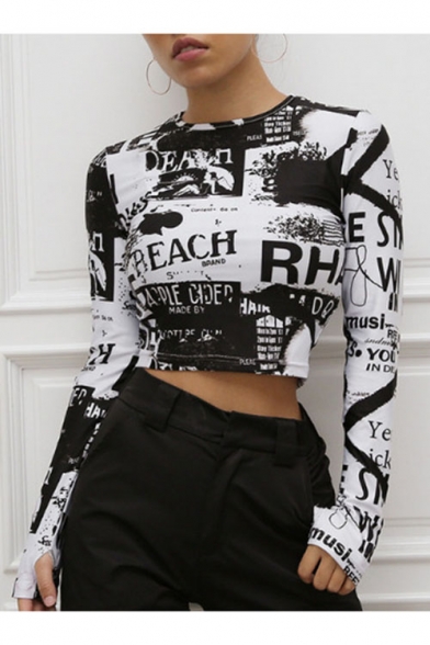 Black Long Sleeve Round Neck Letter Printed Slim Fitted Cropped T Shirt