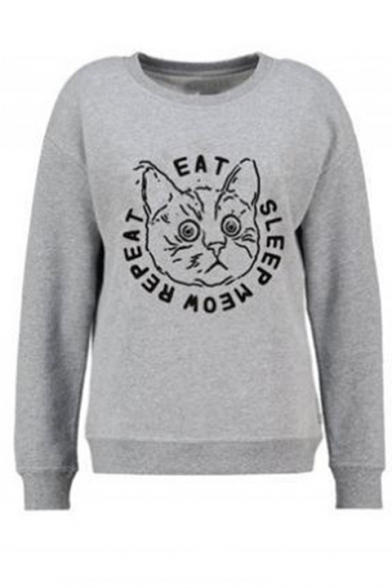 Cat Letter Printed Long Sleeve Round Neck Casual Leisure Grey Pullover Sweatshirt