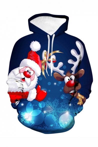 Christmas Cute Moose Santa Claus 3D Printed Long Sleeve Loose Fit Navy Drawstring Pullover Hoodie