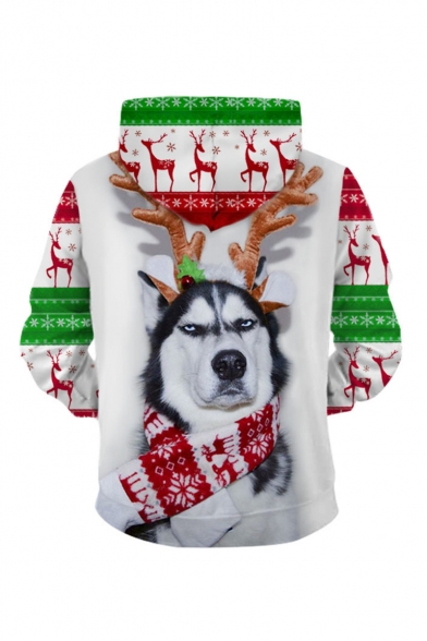 Christmas New Fashion Color Block Antlers Dog 3D Printed Long Sleeve White Casual Loose Hoodie