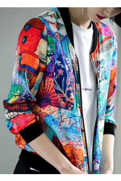 Colorful Graffiti Archive Print Stand Up Collar Zipper Long Sleeve Jacket Coat