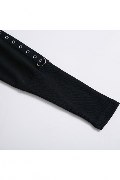 Cool Black Boat Neck Metal Rings Long Sleeves Plain Off Shoulder Cropped Sweatshirt