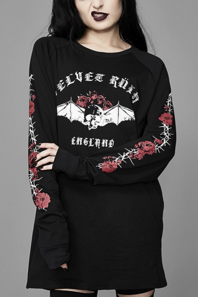 Cool Punk Style Black Rose Letter Moon Bat Print Long Sleeve Long Pullover Sweatshirt