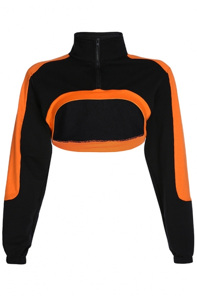 Cool Punk Style Black Zippered Lapel Collar Lantern Sleeve Color block Sweatshirt