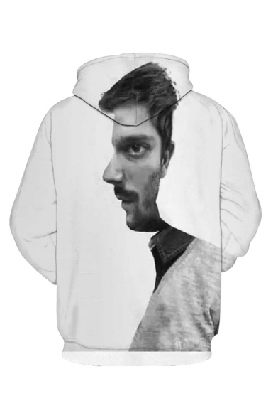 Creative Fashion Front and Side Face 3D Printed White Loose Fit Long Sleeve Pullover Hoodie